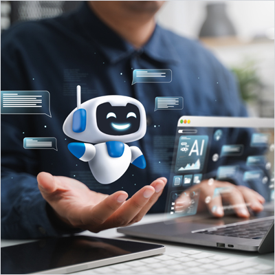 A human hand holds a small, white and blue chatbot, representing an agentic AI, which is floating above a laptop displaying a glowing knowledge graph and a data visualization interface.