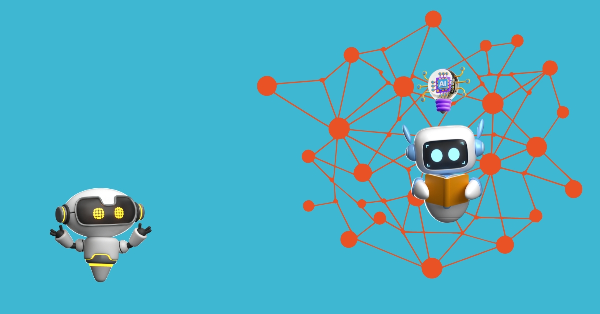 Two stylized robots on a blue background. The robot on the left is a generic AI agent, while the robot on the right is an AI agent powered by a knowledge graph that is surrounded by a glowing knowledge graph with a light bulb above its head.