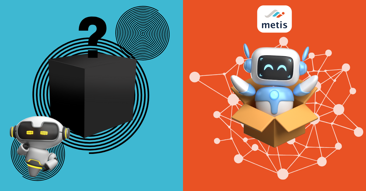 A split-screen image contrasting an AI agent's approach with a knowledge graph. The left side shows a small robot looking at a black box with a question mark. The right side shows an agentic AI powered by a knowledge graph with a smiling face emerging from a box.