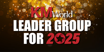 High-impact graphic announcing the "KMWorld Leader Group for 2025" in large white and red text over a sparkling gold and black background.