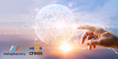 A hand points to a glowing, futuristic digital network overlaid with a human head silhouette containing the letters "AI." The logos for "metaphacts" and "d-fine" are prominently displayed at the bottom left.